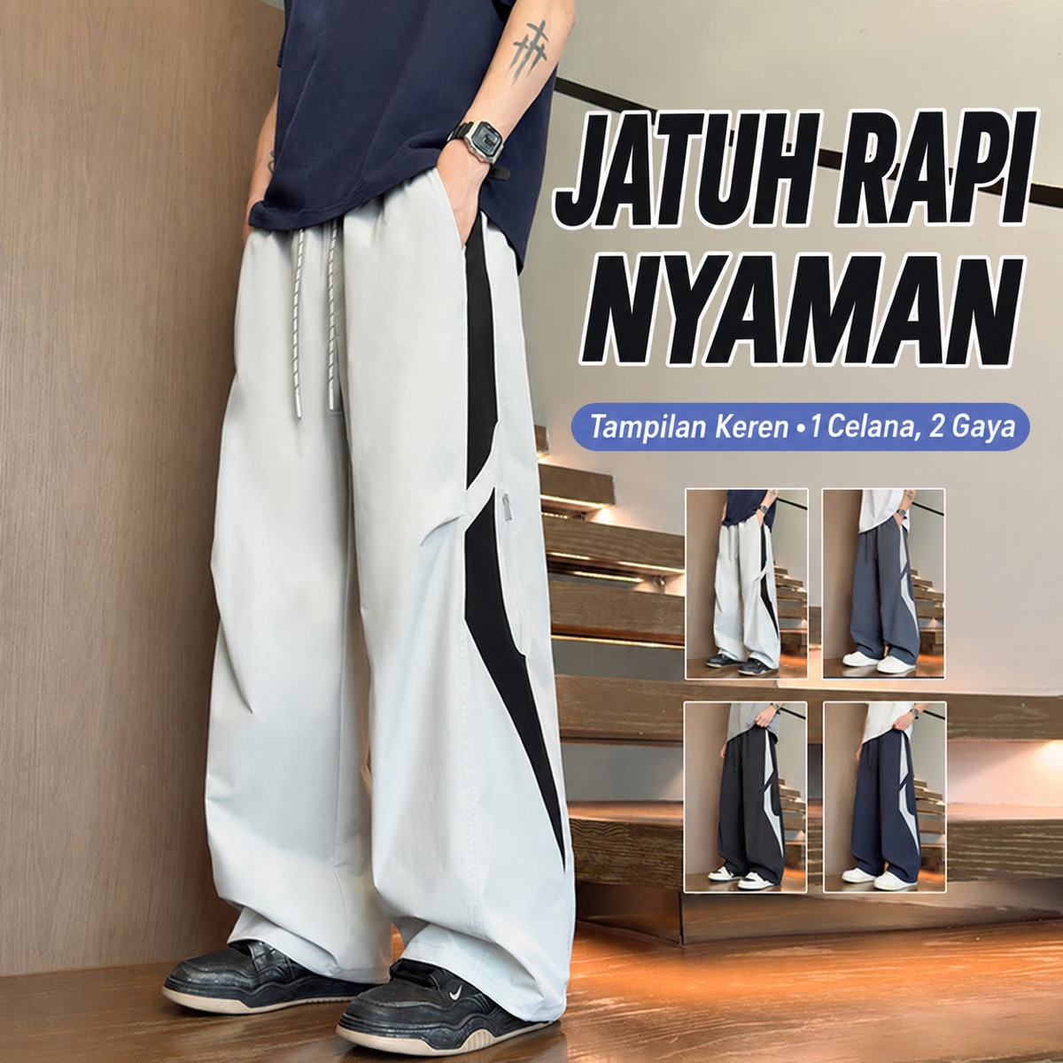 Celana Wide Leg dengan Panel Kontras